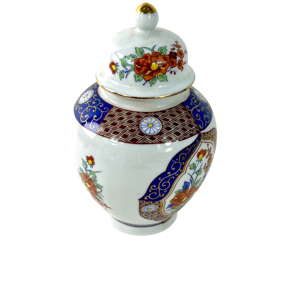 Vintage Japanese Imari Style Ginger Jar Floral Bird Porcelain Urn Gold Gilt 5.5"